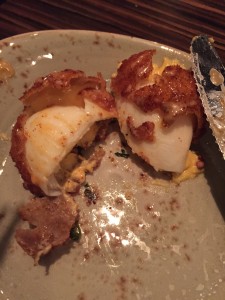 Inside of fried deviled eggs