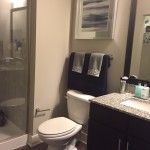 Nicely appointed bathroom in studio layout at The Lincoln Apartments