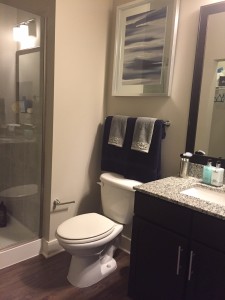 Nicely appointed bathroom in studio layout at The Lincoln Apartments