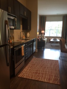 Staged one-bedroom unit kitchen at The Lincoln Apartments