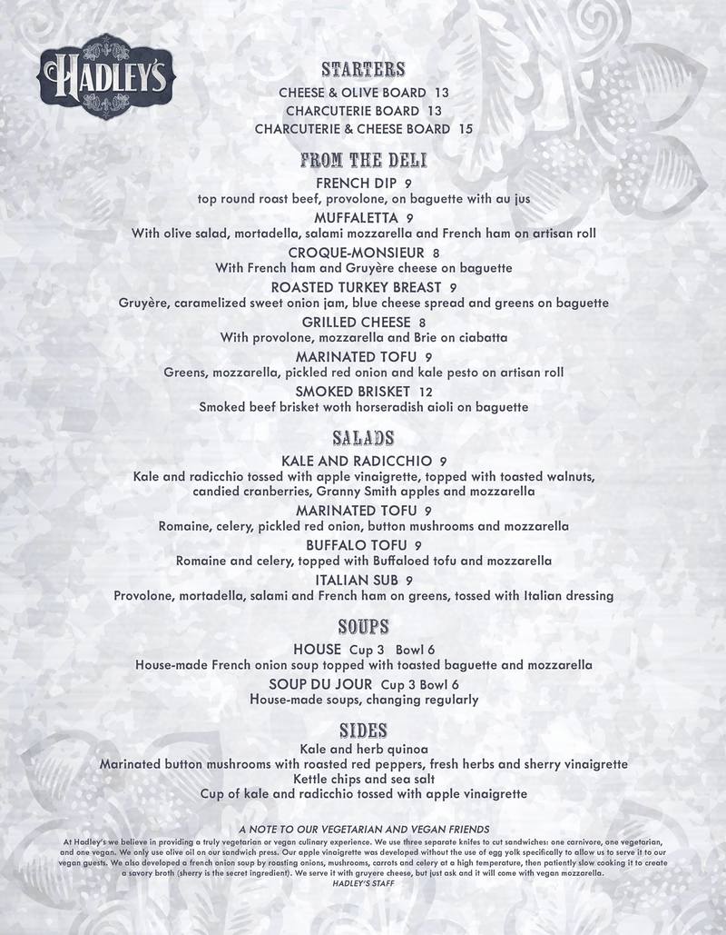Hadley's Cafe menu